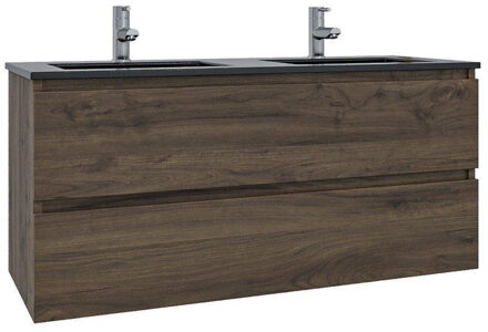 Saniclass Chaci Badkamermeubelset - 120x46x55cm - keramische wastafel zwart - 2 wasbakken - 2 kraangaten - 2 lades - noten (hout) SW1212779/SW761657