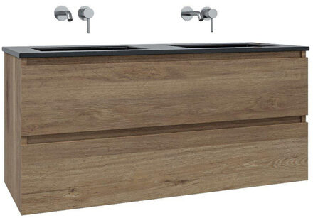 Saniclass Chaci Badkamermeubelset - 120x46x55cm - keramische wastafel zwart - 2 wasbakken - zonder kraangaten - 2 lades - eiken SW1212781/SW773933