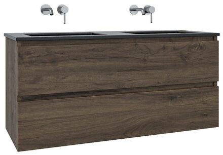 Saniclass Chaci Badkamermeubelset - 120x46x55cm - keramische wastafel zwart - 2 wasbakken - zonder kraangaten - 2 lades - noten (hout) SW1212779/SW773933