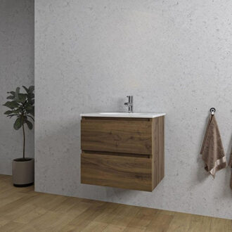 Saniclass Chaci Badkamermeubelset - 60x46x55cm - keramische wastafel wit - 1 ovale wasbak - 1 kraangat - 2 lades - noten (hout) SW1212758/SW718716