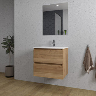 Saniclass Chaci Badkamermeubelset - 60x46x55cm - keramische wastafel wit - 1 wasbak - 1 kraangat - 2 lades - rechthoekige spiegel - eiken SW1212759/SW804530/SW724610