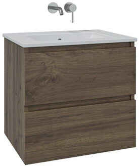 Saniclass Chaci Badkamermeubelset - 60x46x55cm - keramische wastafel wit - 1 wasbak - zonder kraangat - 2 lades - noten (hout) SW1212758/SW773925
