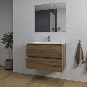 Saniclass Chaci Badkamermeubelset - 80x45x55cm - keramische wastafel wit - 1 ovale wasbak - 1 kraangat - 2 lades - rechthoekige spiegel - noten (hout) SW1212764/SW718717/SW724611