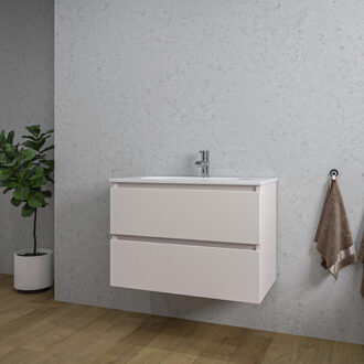 Saniclass Chaci Badkamermeubelset - 80x46x55cm - keramische wastafel wit - 1 ovale wasbak - 1 kraangat - 2 lades - mat cotton (beige) SW718717/SW1212765 Cotton mat (beige)