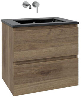 Saniclass Chaci Badkamermeubelset - 80x46x55cm - keramische wastafel zwart - 1 wasbak - zonder kraangat - 2 lades - eiken SW1212767/SW773931