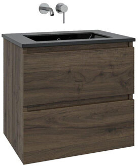 Saniclass Chaci Badkamermeubelset - 80x46x55cm - keramische wastafel zwart - 1 wasbak - zonder kraangat - 2 lades - noten (hout) SW1212764/SW773931