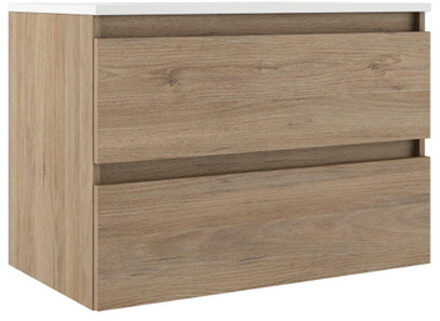 Saniclass Chacito Badkamermeubelset - 100x40x55cm - ondiep - 2 lades - greeploos - wastafel glans wit - 1 kraangat - eiken SW1441329/SW7091