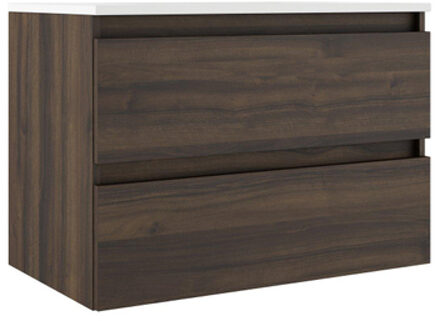 Saniclass Chacito Badkamermeubelset - 100x40x55cm - ondiep - 2 lades - greeploos - wastafel glans wit - 1 kraangat - noten SW1441328/SW7091