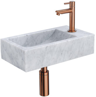 Saniclass Fuente fonteinset - 40x22 - 1 kraangat - rechts - marmer - fonteinkraan koper - wit SW970033/SW799405/SW799403/SW728223 Marmer gepolijst (wit)