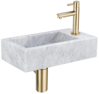 Saniclass Fuente fonteinset - 40x22 - 1 kraangat - rechts - marmer - fonteinkraan messing geborsteld - wit SW696238/SW696208/SW696218/SW728223 Marmer gepolijst (wit)