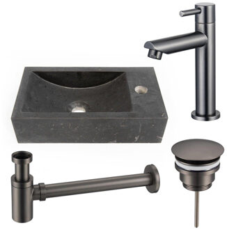 Saniclass Fuente fonteinset - 40x22 - 1 kraangat - rechts - natuursteen - fonteinkraan Geborsteld Gunmetal PVD - donker SW696237/SW696207/SW696217/SW728242 Basalt gepolijst (zwart)