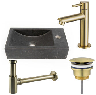Saniclass Fuente fonteinset - 40x22 - 1 kraangat - rechts - natuursteen - fonteinkraan Geborsteld Messing PVD (Goud) - donker SW696238/SW696208/SW696218/SW728242 Basalt gepolijst (zwart)