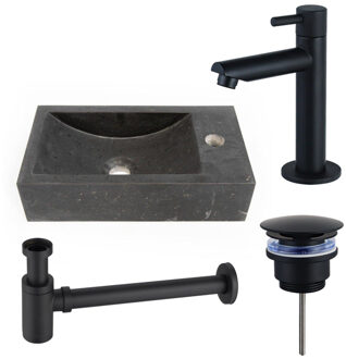 Saniclass Fuente fonteinset - 40x22 - 1 kraangat - rechts - natuursteen - fonteinkraan zwart mat - donker SW696235/SW696205/SW696215/SW728242 Natuursteen donker