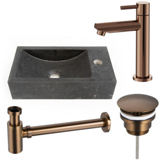 Saniclass Fuente fonteinset - 40x22cm - 1 kraangat - rechts - natuursteen - fonteinkraan Geborsteld koper PVD (Koper) - donker SW970033/SW799405/SW799403/SW728242 Basalt gepolijst (zwart)