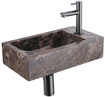 Saniclass Fuente Fonteinset - 40x22x10cm - kraangat rechts - fonteinkraan geborsteld gunmetal PVD - afvoerplug - verlaagd sifon - Dark Emporador SW1244453/SW696239/SW769487/SW767295/SW1137129 Dark Emporador (antraciet)