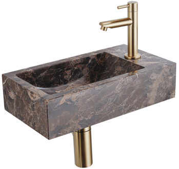 Saniclass Fuente Fonteinset - 40x22x10cm - kraangat rechts - fonteinkraan geborsteld messing PVD - afvoerplug - verlaagd sifon - Dark Emporador SW1244453/SW696237/SW696207/SW696217/SW1137129 Dark Emporador (antraciet)