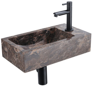 Saniclass Fuente Fonteinset - 40x22x10cm - kraangat rechts - fonteinkraan mat zwart - afvoerplug - verlaagd sifon - Dark Emporador SW1244453/SW696235/SW696205/SW696215/SW1137129 Dark Emporador (antraciet)