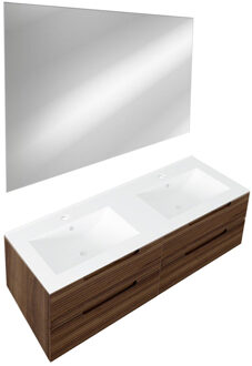 Saniclass Prime Balance Badkamermeubelset - 120x55x45cm - 2 rechthoekige keramische wasbakken wit - 2 kraangaten - 4 lades - rechthoekige spiegel - noten SW724613/SW804533/SW1027164 x2 Noten mat