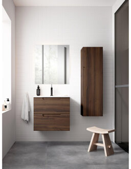 Saniclass Prime Balance Badkamermeubelset - 60x55x45cm - 1 ovale keramische wasbak wit - 1 kraangat - 2 lades - rechthoekige spiegel - noten SW718716/SW724610/SW1027164 Noten mat