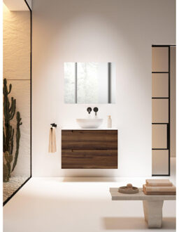 Saniclass Prime Balance Badkamermeubelset - 80x55x45cm - 1 rechthoekige keramische wasbak wit - 1 kraangat - 2 lades - rechthoekige spiegel - noten SW724611/SW804531/SW1027166 Noten mat