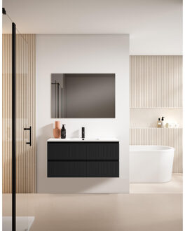 Saniclass Prime Blend Badkamermeubelset - 100x55x46cm - 1 rechthoekige keramische wasbak wit - 1 kraangat - 2 lades - rechthoekige spiegel - mat zwart SW892723/SW804532/SW724612 Zwart mat