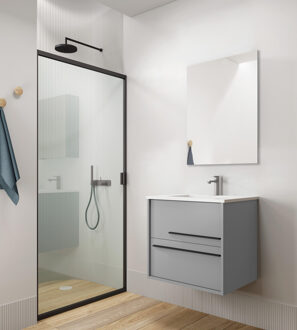 Saniclass Prime Essential Badkamermeubelset - 60x55x46cm - 1 rechthoekige wasbak wit - 1 kraangat - 2 lades - rechthoekige spiegel - mat greige (grijs) SW892661/SW804530/SW724610 greige mat (grijs)