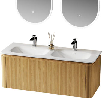 Saniclass Terra Wastafelonderkast - 120cm - 2 lades - wastafel solid surface - 1 wasbakken - 2 kraangaten - afgeronde hoeken - sandwood (Licht eiken) SW1174101/SW1418387