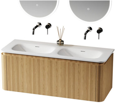 Saniclass Terra Wastafelonderkast - 120cm - 2 lades - wastafel solid surface - 1 wasbakken - zonder kraangaten - afgeronde hoeken - sandwood (Licht eiken) SW1174101/SW1418386