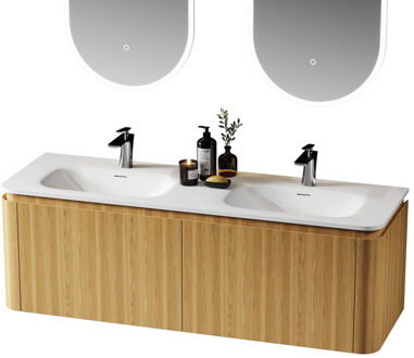 Saniclass Terra Wastafelonderkast - 140cm - 4 lades - wastsafel solid surface - 2 wasbakken - 2 kraangaten - afgeronde hoeken - sandwood (Licht eiken) SW1174103/SW1418385
