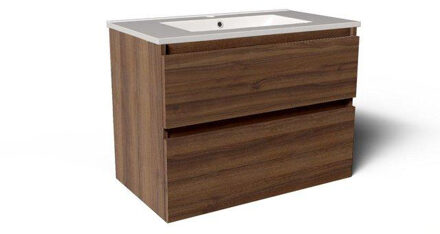 Saniclass Vita Badkamermeubelset - 80x60x46cm -2 lades - greeploos - 1 wasbak - 1 kraangat - overloop - keramiek - noten SW804531/SW1413848