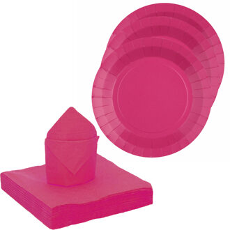 Santex 10x taart/gebak bordjes/25x servetten - fuchsia roze - Feestbordjes