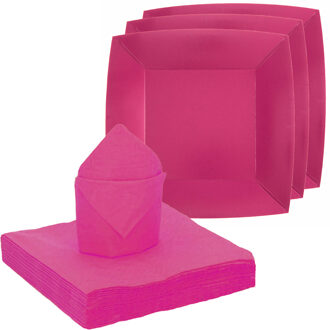 Santex 10x taart/gebak bordjes/25x servetten - fuchsia roze - Feestbordjes