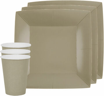 Santex 10x taart/gebak bordjes en bekertjes - taupe/beige - Feestbordjes