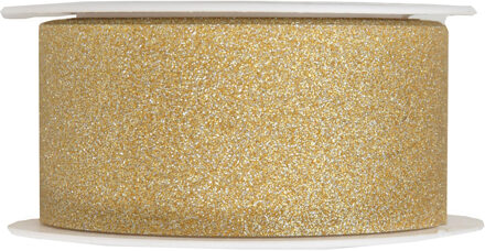 Santex 1x Gouden satijnlinten met glitters op rol 3 cm x 5 meter cadeaulint verpakkingsmateriaal - Cadeaulinten Goudkleurig