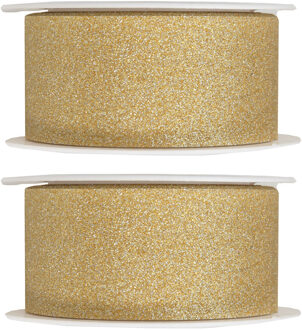 Santex 2x Hobby/decoratie gouden sierlinten met glitters 3 cm/30 mm x 5 meter - Kerst - Cadeaulinten satijnlinten/ribbons