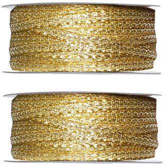 Santex 2x Hobby/decoratie metallic gouden sierlinten 3 mm x 25 meter - Kerst - Cadeaulinten draden/touwen - Verpakkingsmateriaal