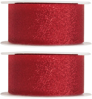 Santex 2x Hobby/decoratie rode sierlinten met glitters 3 cm/30 mm x 5 meter