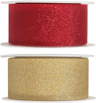 Santex 2x Hobby/decoratie rood en gouden sierlinten met glitters 3 cm/30 mm x 5 meter