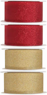Santex 4x Hobby/decoratie rood en gouden sierlinten met glitters 3 cm/30 mm x 5 meter