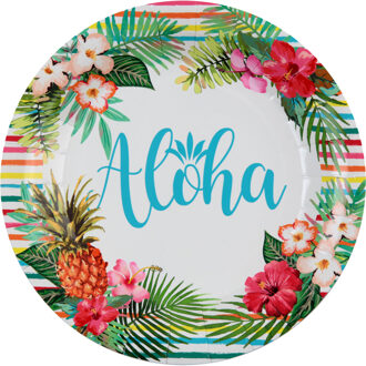 Santex Aloha feest wegwerpbordjes - 10x stuks - 23 cm - Hawaii/tropical themafeest - Feestbordjes Wit