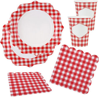Santex Boeren ruitjes feest wegwerp servies set - 20x bordjes / 20x bekers / 20x servetten