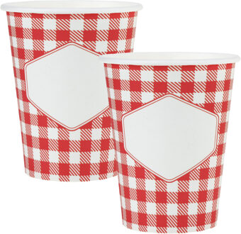 Santex boerenbont Oktoberfest thema wegwerp bekertjes - 20x - 270 ml - gingham/vichy print - Feestbekertjes Rood
