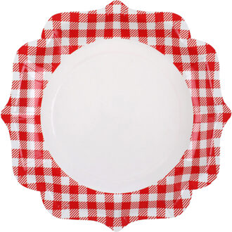 Santex boerenbont Oktoberfest thema wegwerpbordjes - 10x - 23 cm - gingham/vichy print - Feestbordjes Rood