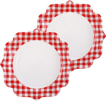 Santex boerenbont Oktoberfest thema wegwerpbordjes - 20x - 23 cm - gingham/vichy print - Feestbordjes Rood