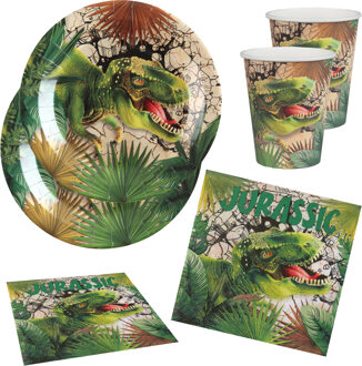 Santex Dinosaurus thema feest wegwerp servies set - 10x bordjes / 10x bekers / 20x servetten - groen