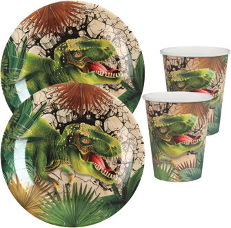 Santex Dinosaurus thema feest wegwerp servies set - 20x bordjes / 20x bekers - groen