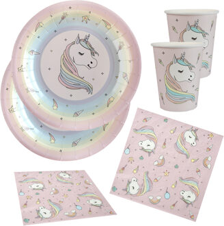 Santex Eenhoorn thema feest wegwerp servies set - 10x bordjes / 10x bekers / 20x servetten - roze