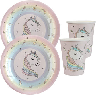 Santex Eenhoorn thema feest wegwerp servies set - 10x bordjes / 10x bekers - roze
