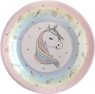 Santex Eenhoorn thema feest wegwerpbordjes - 10x - 23 cm - unicorn/magie themafeest Roze