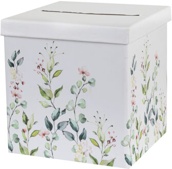 Santex Enveloppendoos bloemen - Bruiloft - wit/groen - karton - 20 x 20 cm - Feestdecoratievoorwerp